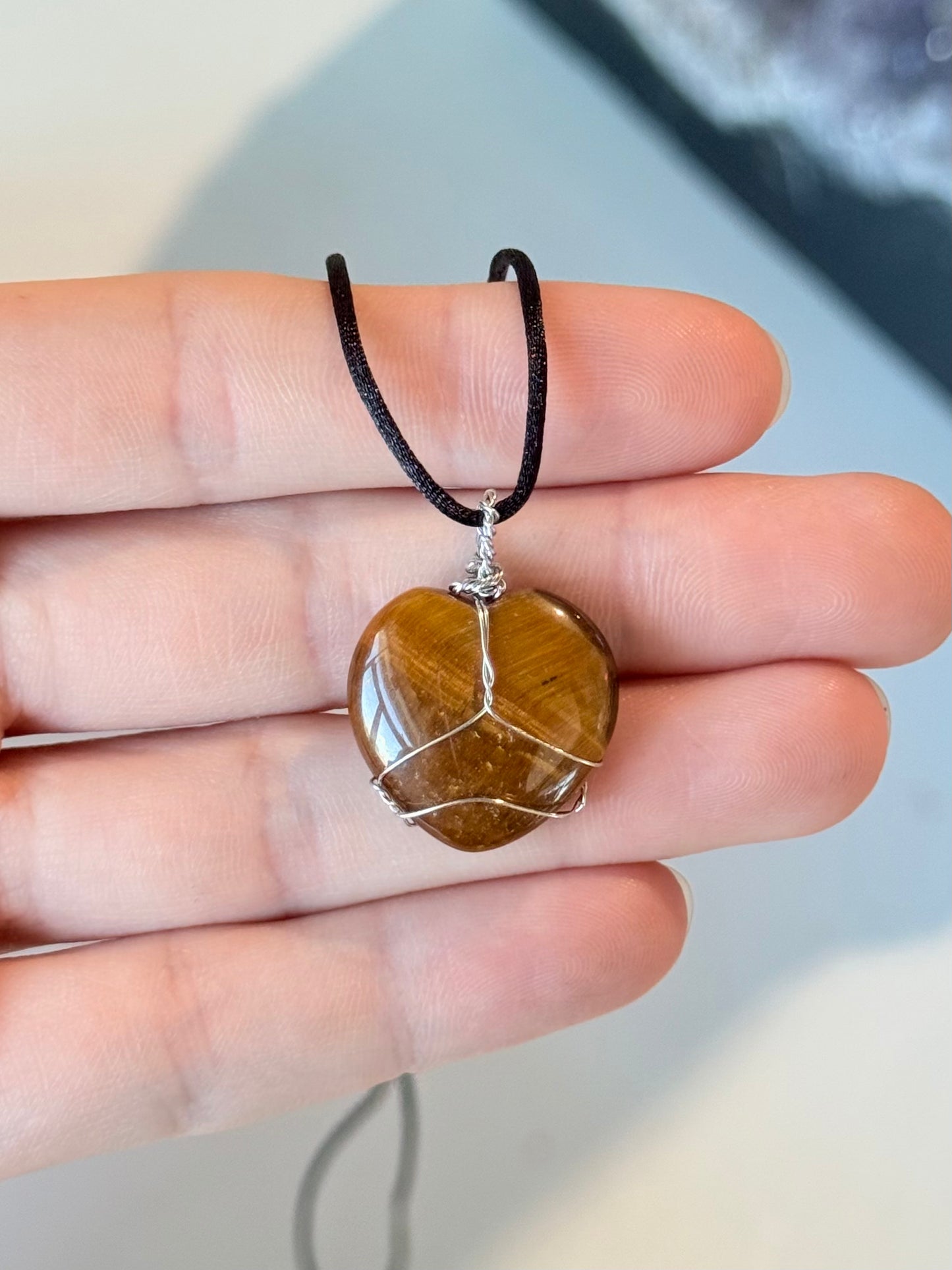 Wired Yellow Tiger Eye Heart Pendant