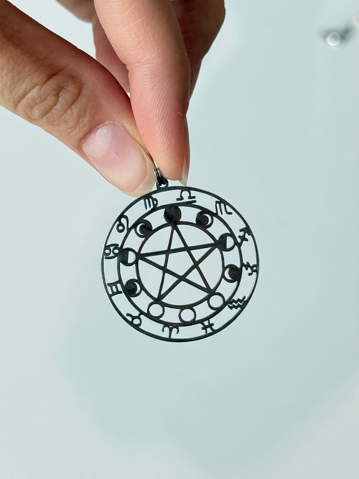Zodiac Moon Phase Pentagram Pendant - Stainless Steel