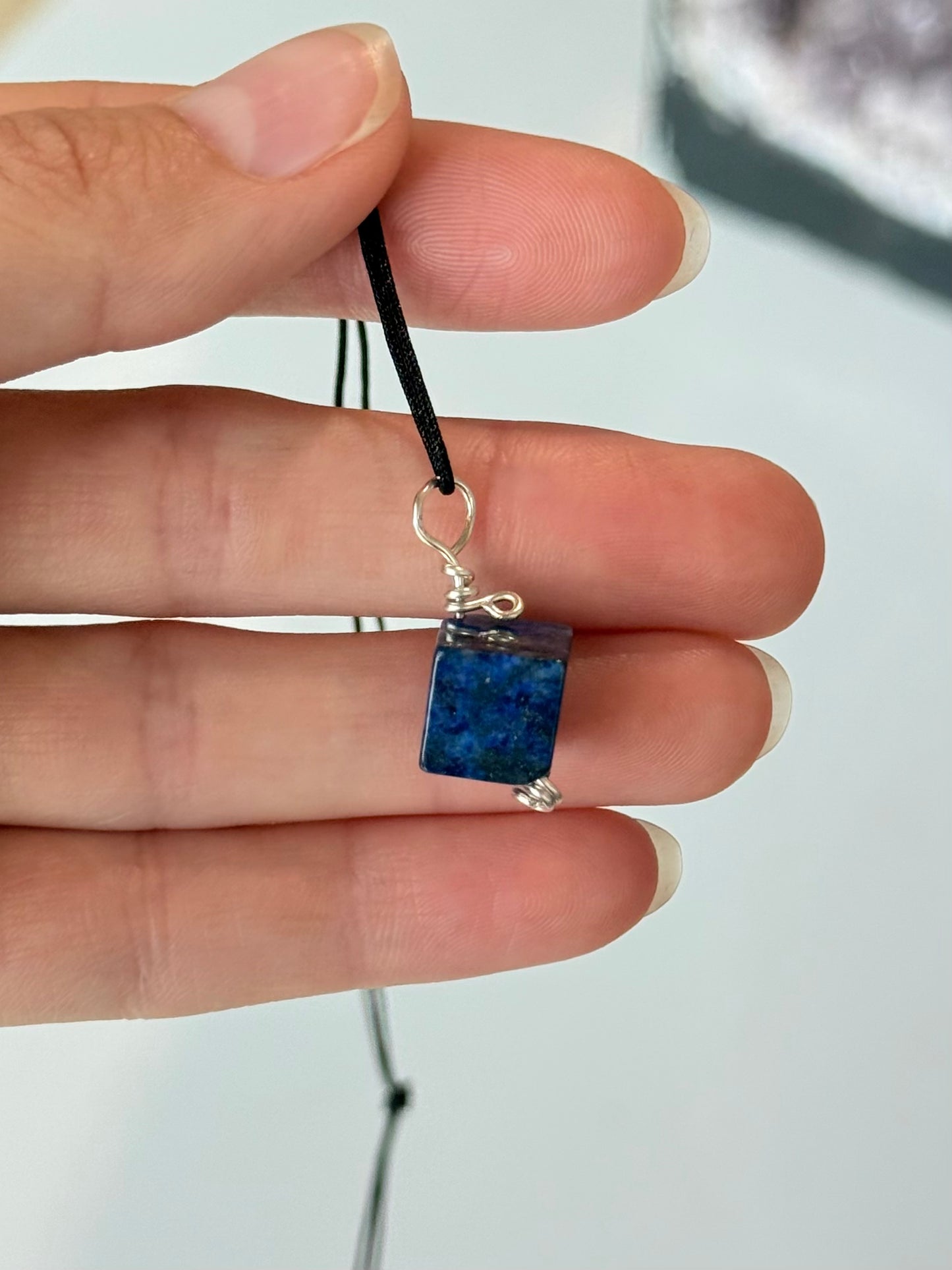 Lapis Lazuli Cube Pendant - Silver 925 ( Wire )