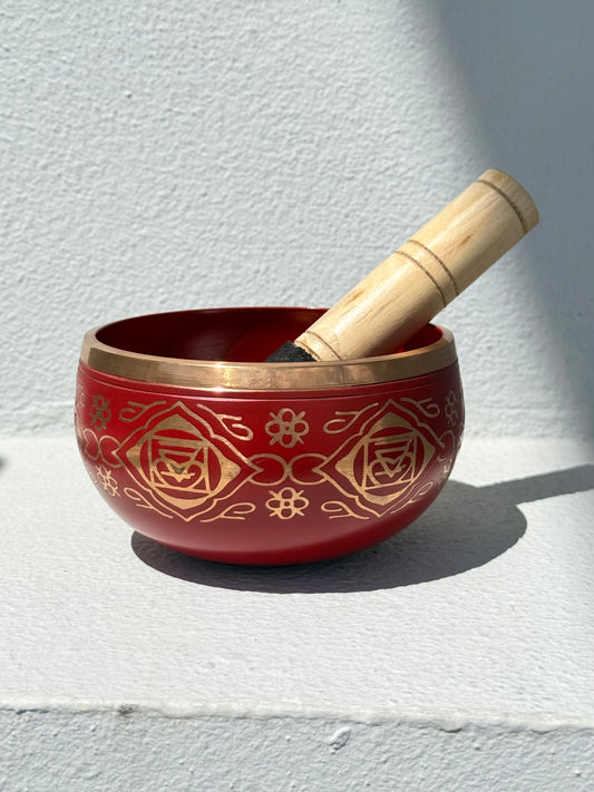 Cuenco tibetano rojo chakra raíz con mazo | Red Root Chakra Tibetan Singing Bowl with Mallet