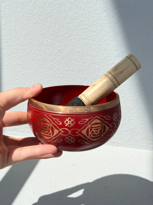 Cuenco tibetano rojo chakra raíz con mazo | Red Root Chakra Tibetan Singing Bowl with Mallet
