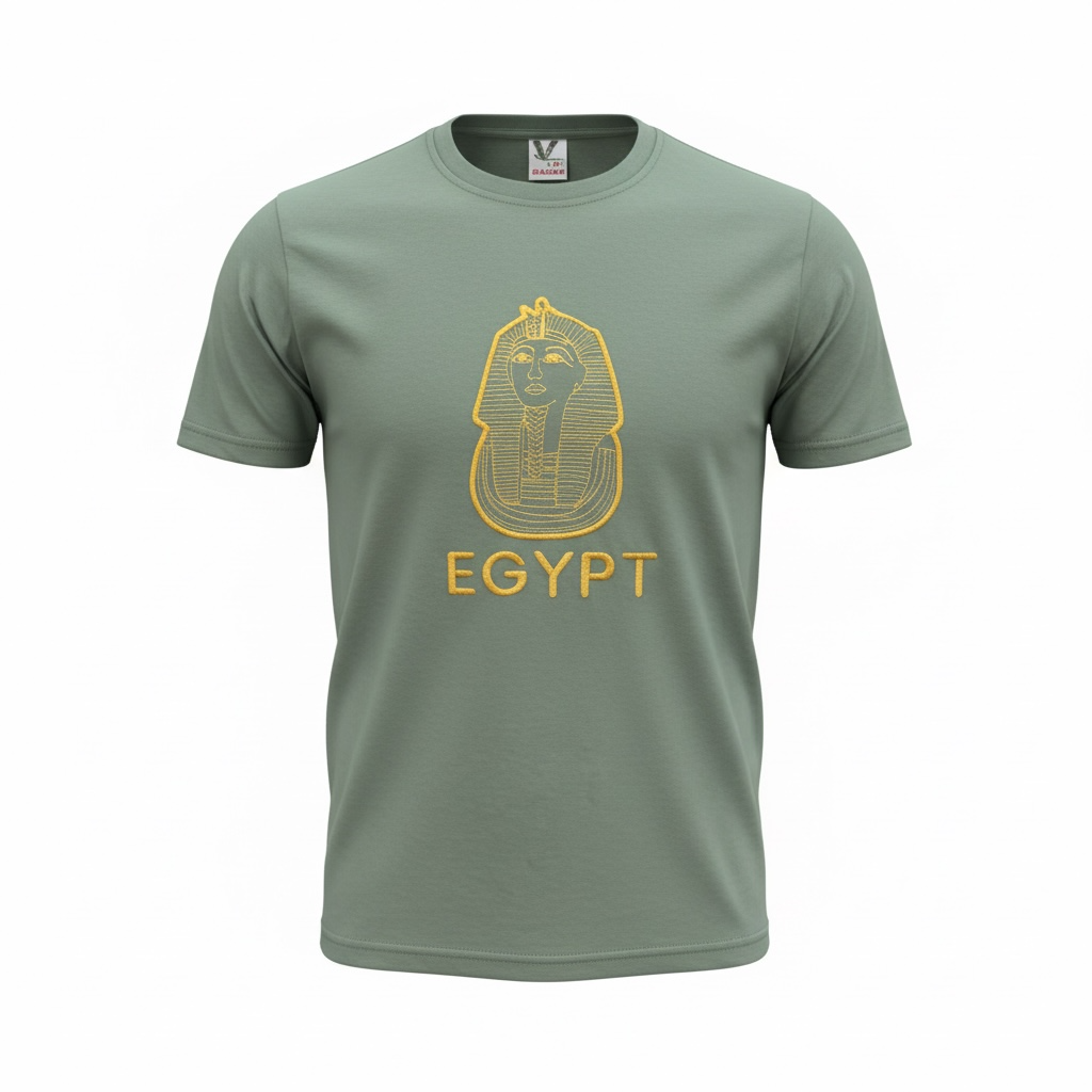 Egypt Tutankhamun Embroidered T-Shirt – Sage Green 100% Cotton