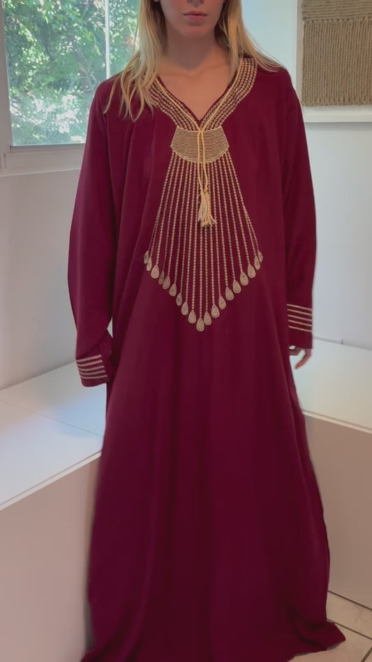 Wine Color with Gold Embroidery Long Sleeve 100% Cotton Dress