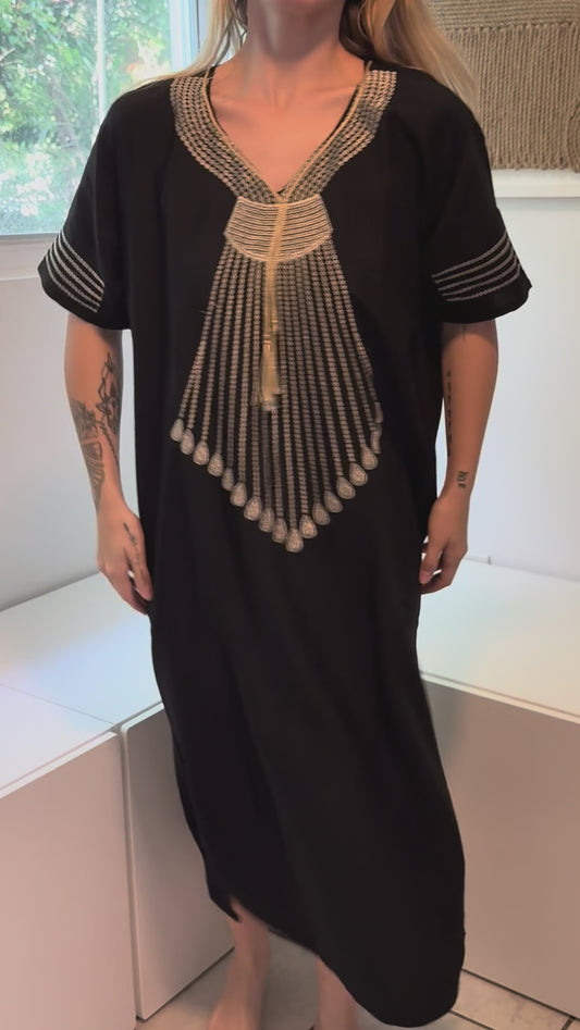 Black with Gold Embroidery Short Sleeve 100% Cotton Dress