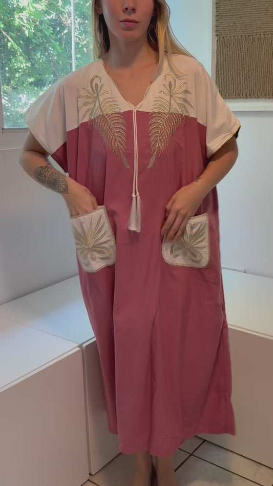 Pink & White with Gold Embroidery Short Sleeve 100% Cotton Dress