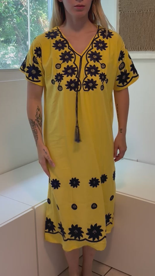 Yellow with Blue Embroidery Short Sleeve 100% Cotton Dress