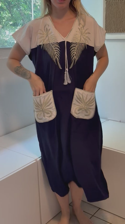 White & Dark Blue with Gold Embroidery Short Sleeve 100% Cotton Dress