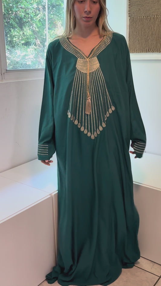 Emerald Green with Gold Embroidery Long Sleeve 100% Cotton Dress