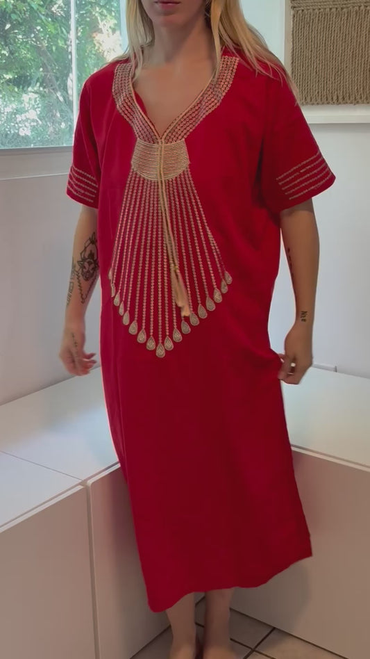 Red with Gold Embroidery Short Sleeve 100% Cotton Dress (Copy)