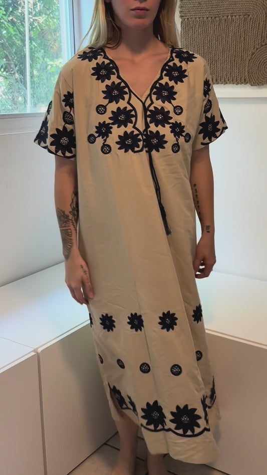 Nude with Blue Embroidery Short Sleeve 100% Cotton Dress