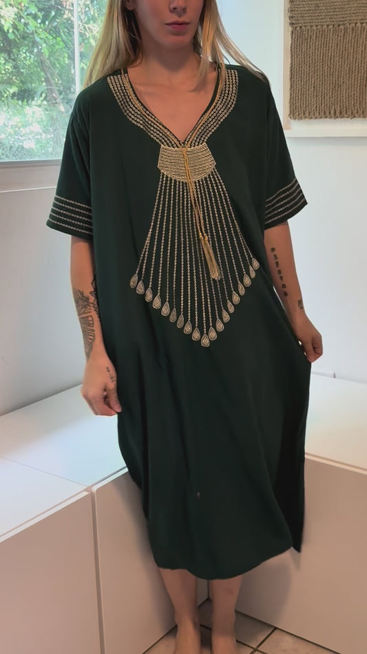 Green with Gold Embroidery Short Sleeve 100% Cotton Dress