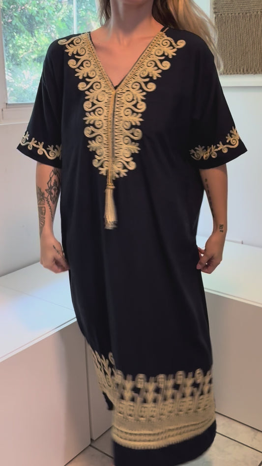 Navy Blue with Gold Embroidery Short Sleeve 100% Cotton Dress