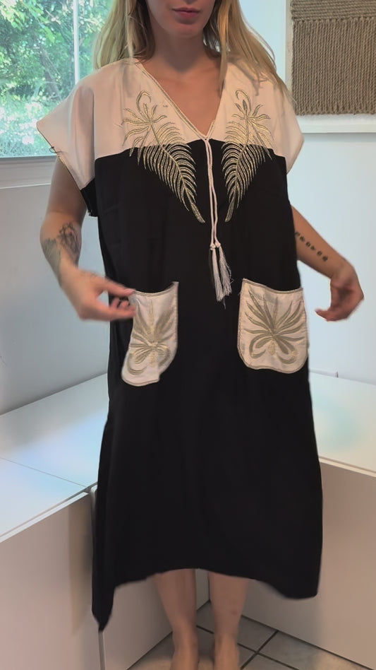 Black & White with Gold Embroidery Short Sleeve 100% Cotton Dress