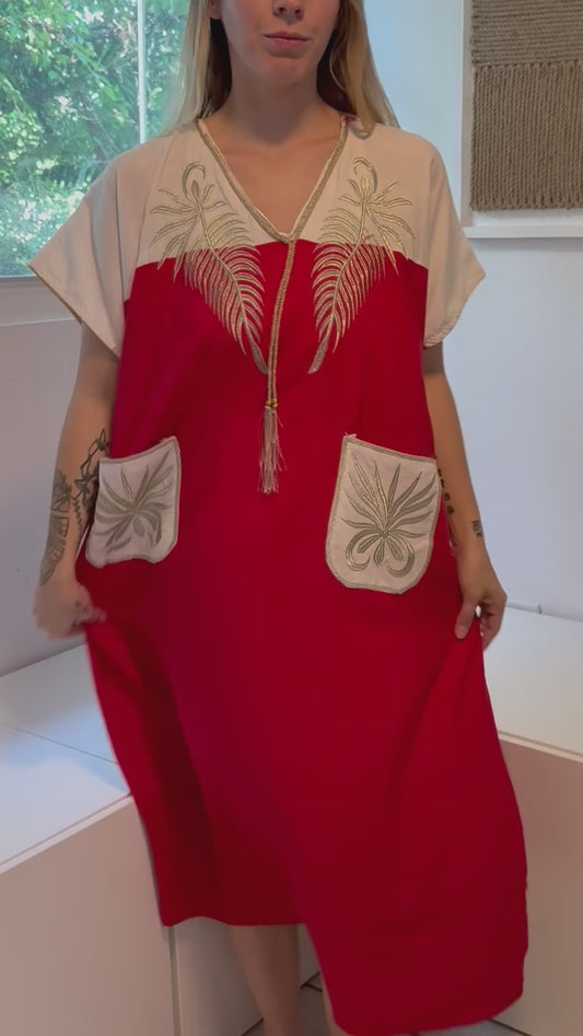 Red & White with Gold Embroidery Short Sleeve 100% Cotton Dress