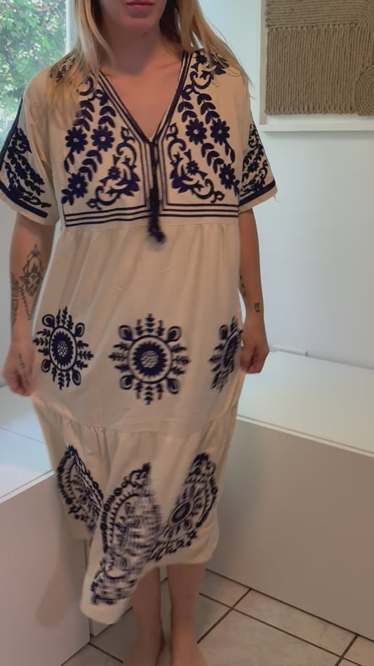 Nude with Blue Embroidery Short Sleeve 100% Cotton Dress